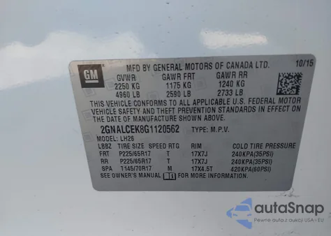 2016 Chevrolet Equinox Lt from USA, damaged, VIN 2GNALCEK8G1120562